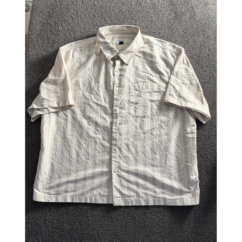 American Eagle Mens XXL Relaxed Fit Short Sleeve Striped Button Down Shirt Cream